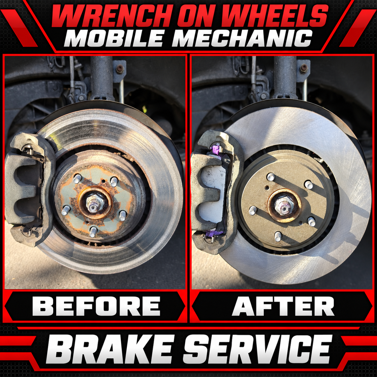 Before and after Brake Service Before & After: before on the left and after on the right