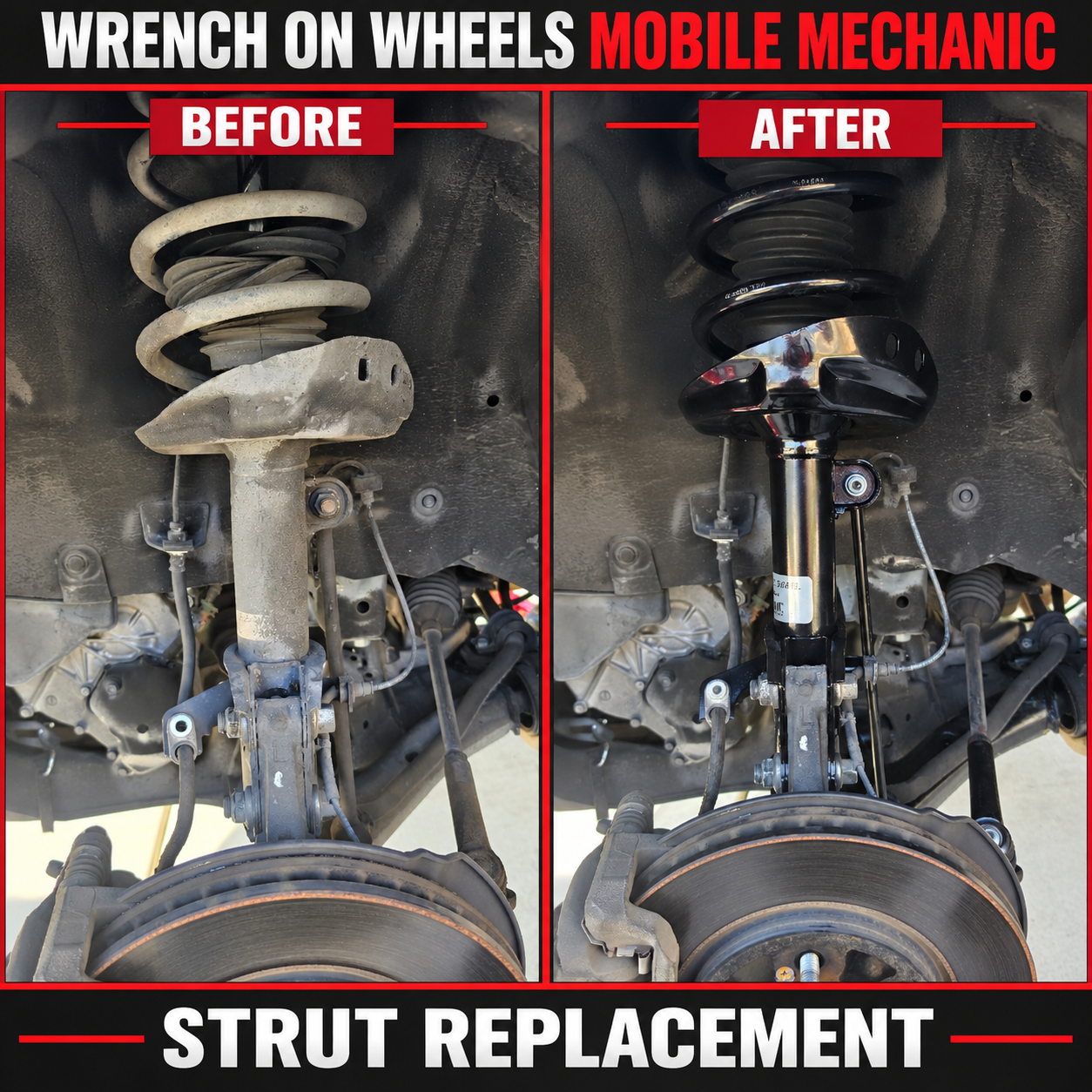 Before and after Suspension Service Strut Replacement: before on the left and after on the right