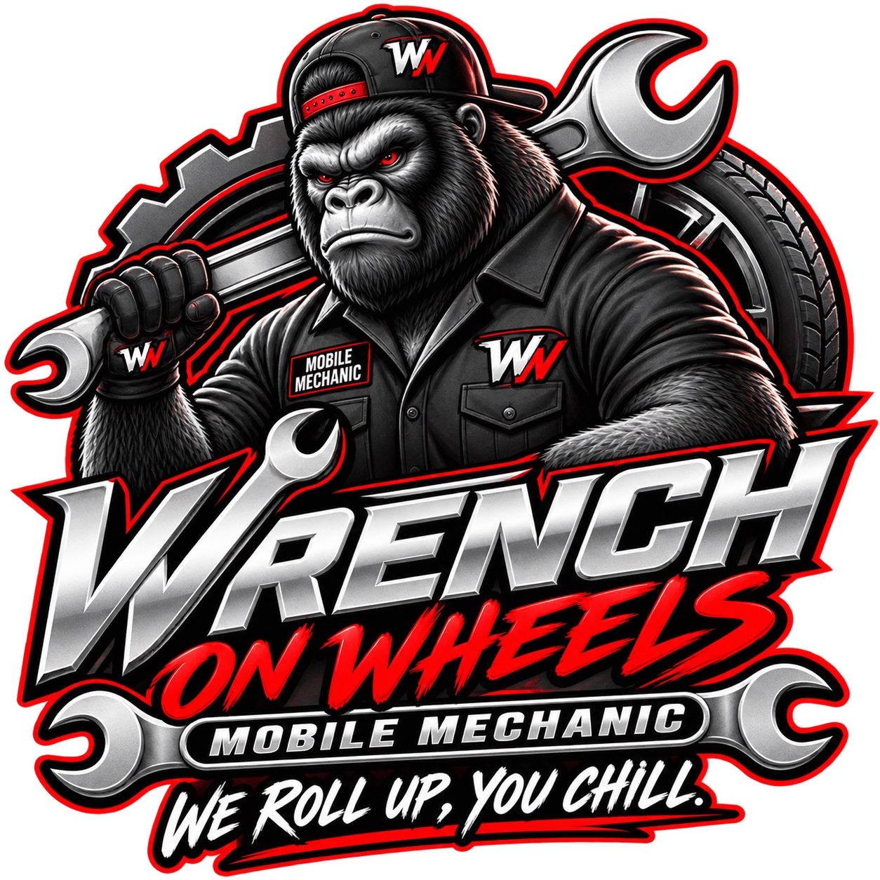 Gorilla mechanic holding a wrench, Wrench on Wheels logo